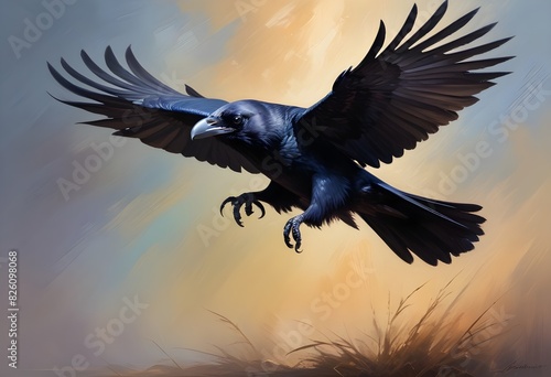 Oil painting a raven soaring gracefully through th