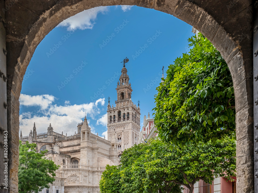 Fototapeta premium The Giralda tower framed by an arch, Seville, Spain