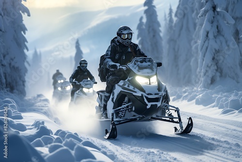 Snowmobile race in the winter forest. Snowmobiling in the mountains.