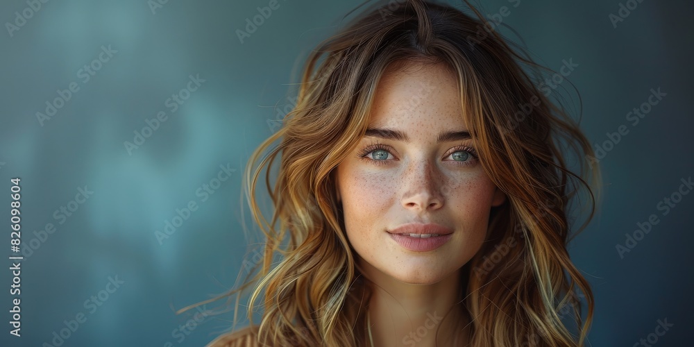 Portrait of a Smiling Woman with Freckles and Messy Hair encapsulates her charm and authenticity Portrait of a Smiling Woman with Freckles and Messy Hair encapsulates her charm and authenticity