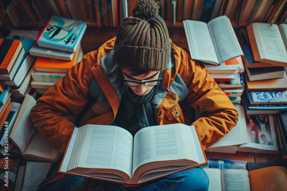Young Man Immersed in Reading Surrounded by Books in a Library. Young Man Immersed in Reading Surrounded by Books in a Library.