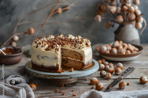 Hazelnut cake with chocolate topping on a wooden background.
