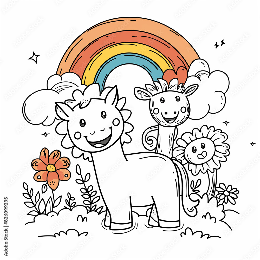 Animal with a rainbow for coloring book. Hand-draw cute safari animals ...