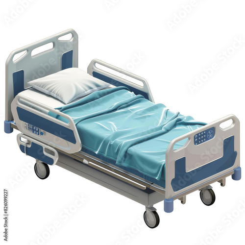 Modern hospital bed with blue bedding and advanced features. Ideal for medical and healthcare industry visuals. High quality and detailed.