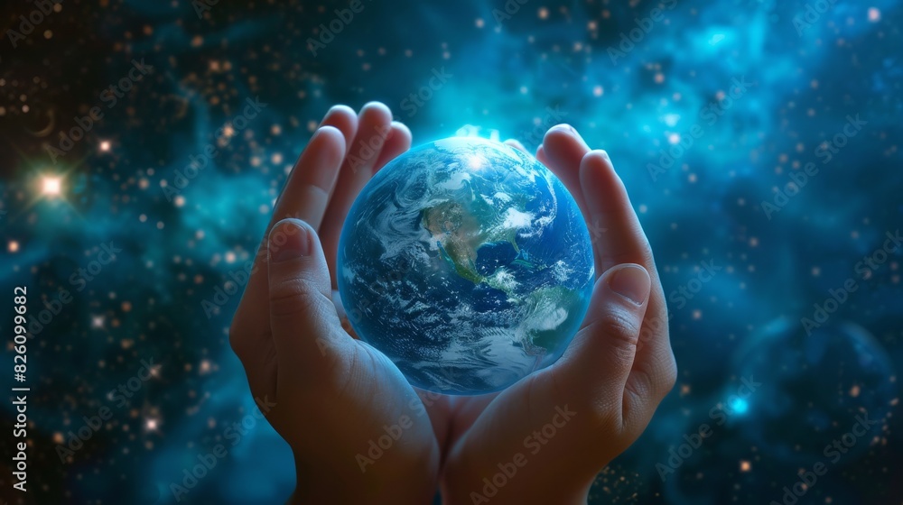 Ethereal hands cradle a luminous Earth within a star-filled cosmos, depicting themes of creation, nurturing and universe Ethereal hands cradle a luminous Earth within a star-filled cosmos, depicting themes of creation, nurturing and universe