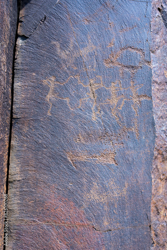 Tamgaly, a petroglyph site in the Zhetysu of Kazakhstan, a UNESCO World Heritage Site. Petroglyphs of Group III of the site, the Dancing Warriors.