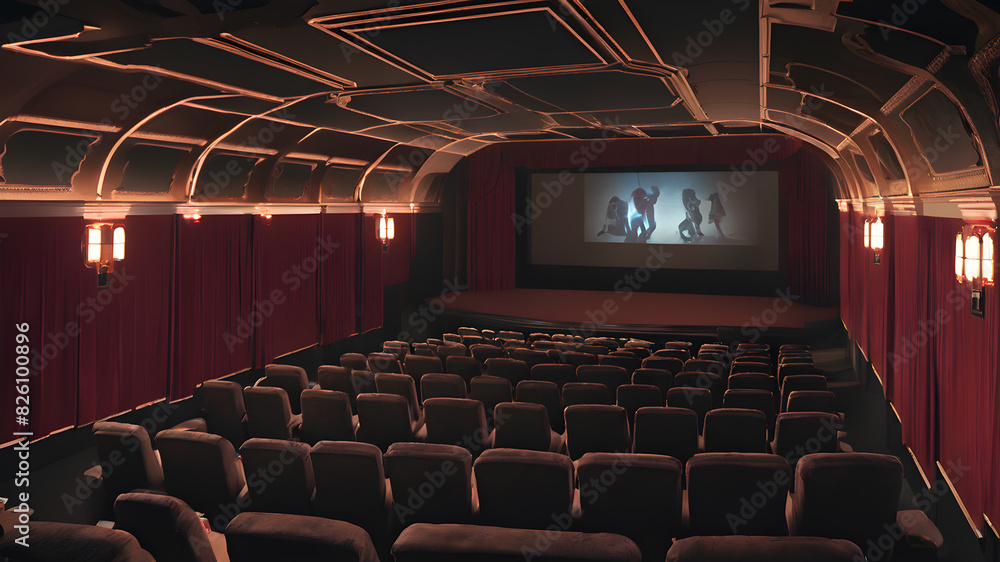 Naklejka premium Cinema hall with red seats, Generative AI