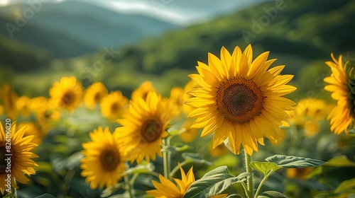 A picturesque countryside scene with a field of sunflowers in full bloom  their bright yellow petals contrasting beautifully against the lush green background