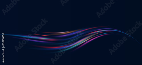 modern abstract high-speed motion effect png. It is also a futuristic dynamic line neon motion technology. It can be used as a banner or poster design background idea. Fast neon speed lines. © Виктория Проскурина