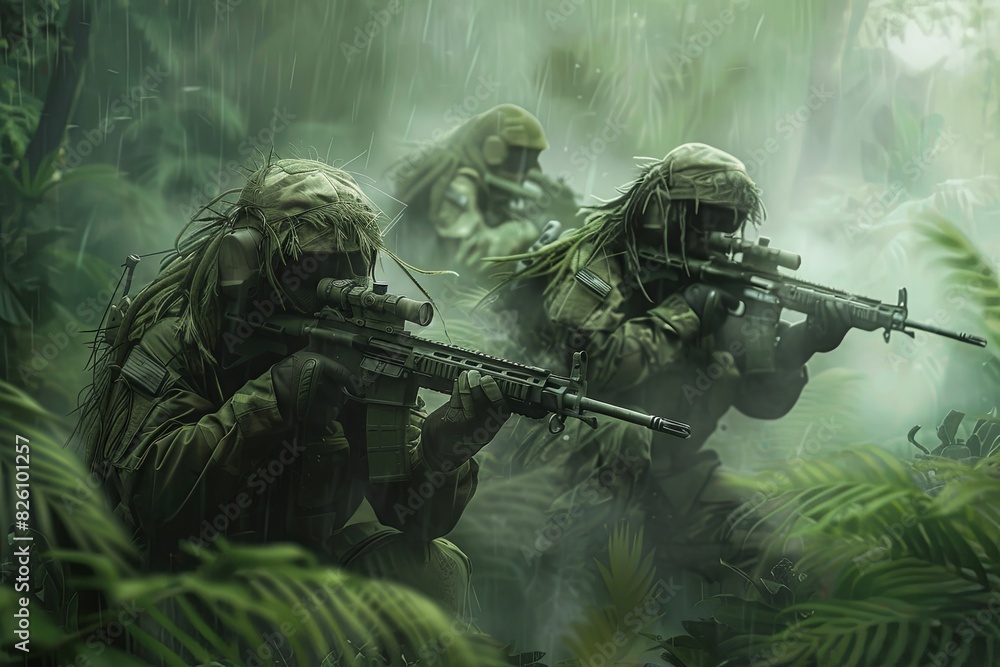 A special forces team equipped with guns navigating the jungle environment with precision and caution