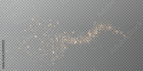 Magic golden wind png festive isolated on transparent background. Golden comet png with sparkling stars and dust. Powder dust light PNG. Magic shining gold dust. Fine, shiny dust bokeh particles fal 