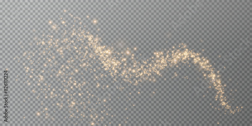 Magic golden wind png festive isolated on transparent background. Golden comet png with sparkling stars and dust. Powder dust light PNG. Magic shining gold dust. Fine, shiny dust bokeh particles fal	
