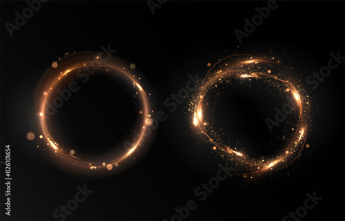 Vector light line effect of golden circle. Luminous fire trail on a transparent background. Light round line with an advantage effect. Golden dust circle light png. 