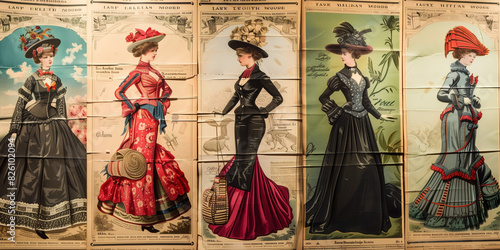 Series of retro fashion posters with women showcasing various 19th-century dresses
