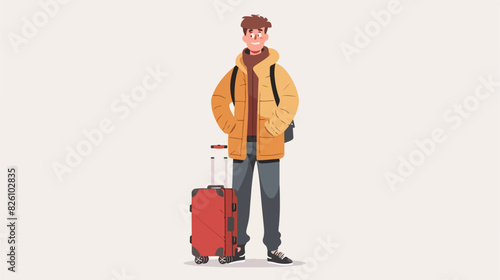 Man with suitcase. Travelling person. Standing touris photo