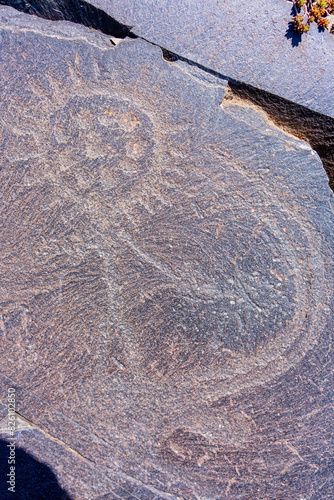 Tamgaly, a petroglyph site in the Zhetysu of Kazakhstan, a UNESCO World Heritage Site. Petroglyphs of Group III of the site. The Sun-head deity