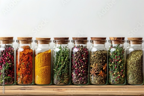 Colorful Assortment of Spices in Glass Jars on Wooden Table