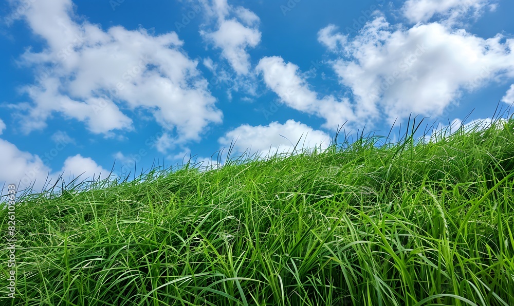 Landscape view of green grass on slope with blue sky , Generative AI Landscape view of green grass on slope with blue sky , Generative AI