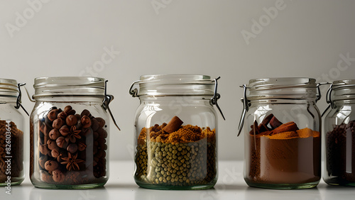 a set of glass jars filled with various spices on a white background photo