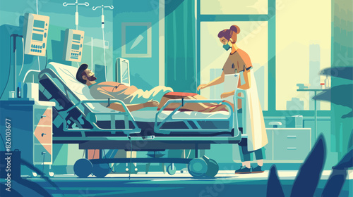 Medical worker helping patient on hospital bed Cartoon