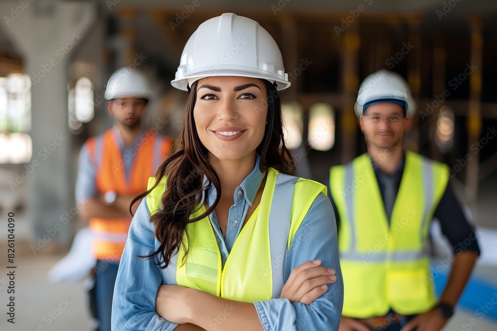 Confident Construction Workers in Safety Gear at Building Site Confident Construction Workers in Safety Gear at Building Site