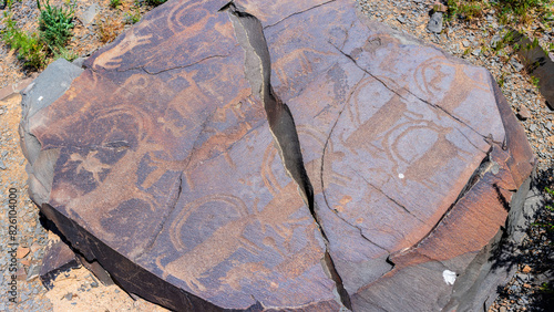 Tamgaly, a petroglyph site in the Zhetysu of Kazakhstan, a UNESCO World Heritage Site. Petroglyphs of Group III of the site. 