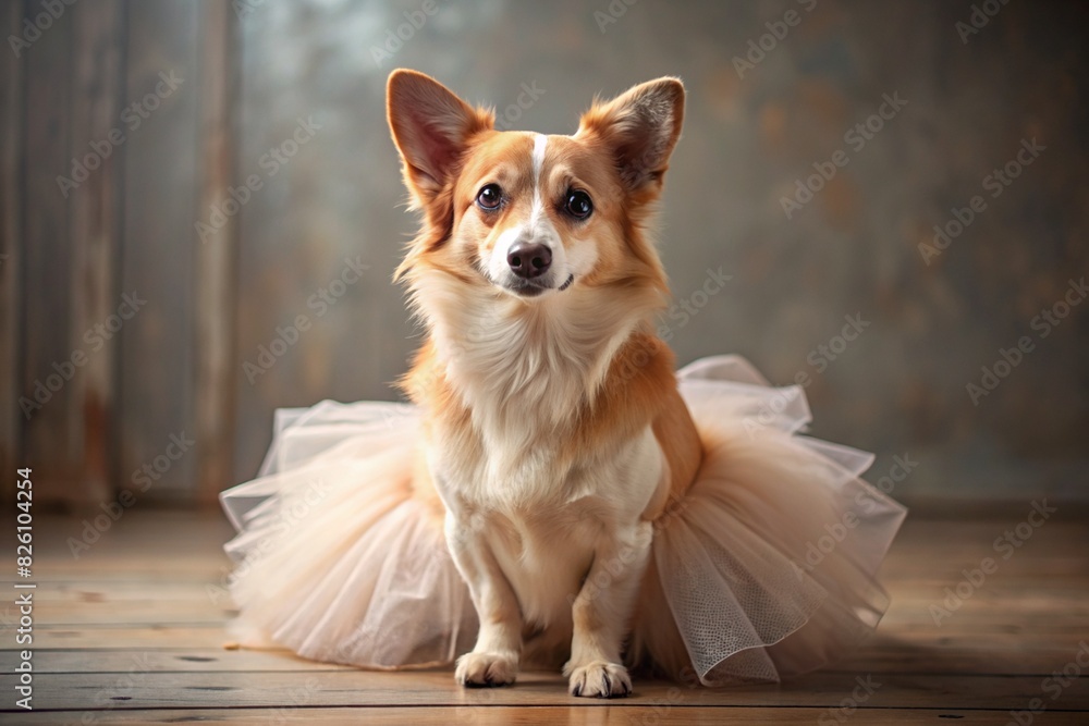 A lovely portrait of a cute ginger dog dressed in a pink tutu. A lovely portrait of a cute ginger dog dressed in a pink tutu.