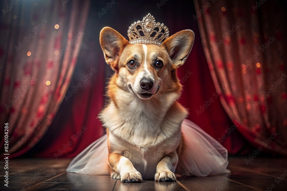 A beautiful portrait of a cute red Welsh Corgi dog, dressed in a pink tutu and with a crown on her head. A beautiful portrait of a cute red Welsh Corgi dog, dressed in a pink tutu and with a crown on her head.