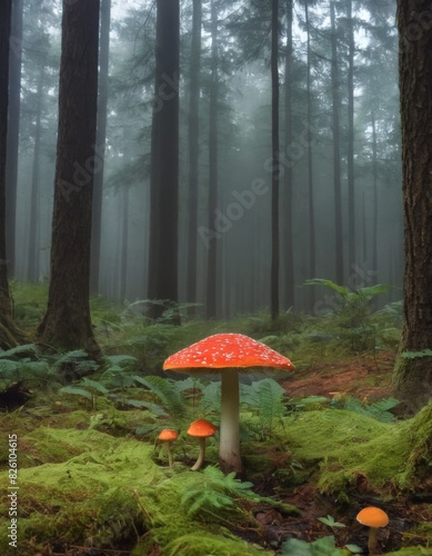 Enchanting forest scene with glowing red mushrooms amidst tall trees in a misty atmosphere. Ideal for fantasy, nature, and mystical themes.