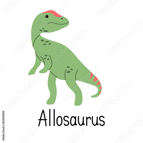 Allosaurus fragilis dinosaur isolated on white background. Lettering Allosaurus. Cartoon character of the Theropod group for kids t-shirt or web icon.  Vector hand drawn  illustration