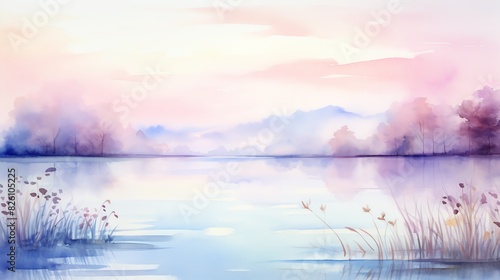 Image of a beautiful watercolor painting of a serene lake at sunset