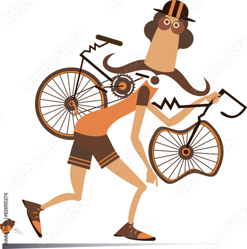 Tired cyclists man carrying a broken bike. 
Cartoon cyclist man carrying a broken bike on the shoulder. Isolated on white background
