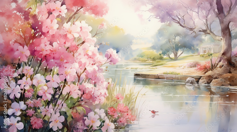 Aquarelle painting of a summer in bloom with a creek in foreground and trees in the background
