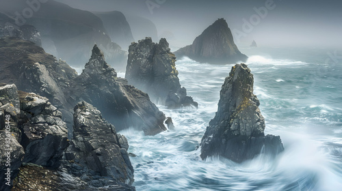 Craggy sea stacks rise majestically from the churning waves of the ocean, their weather-beaten forms sculpted by the relentless forces of nature, hinting at the mysteries and adventures that await