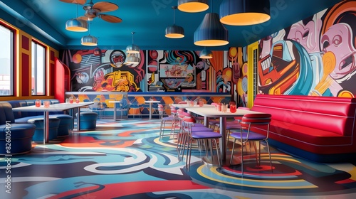 Colorful and vibrant restaurant interior with blue walls, multi-colored floor, and mismatched furniture