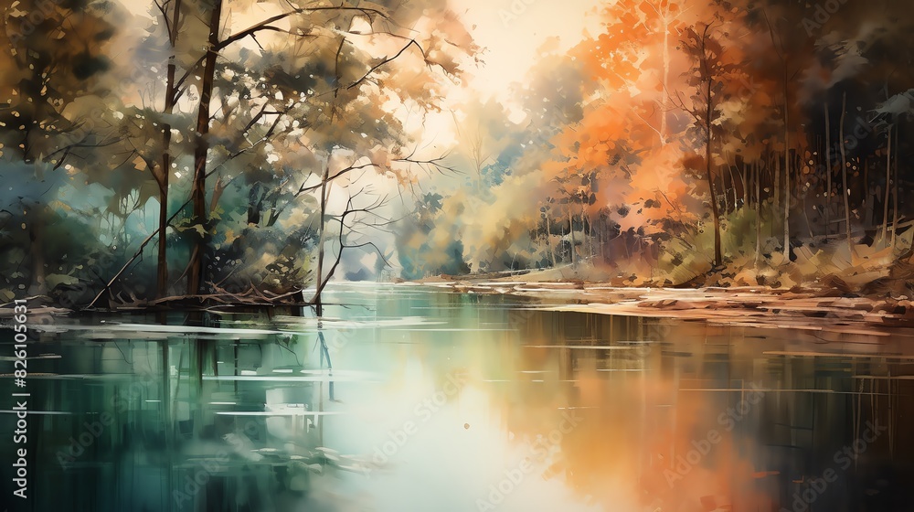 Generate a watercolor painting of a river flowing through a forest Generate a watercolor painting of a river flowing through a forest