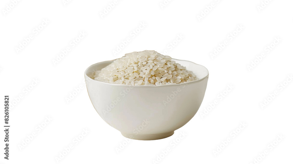 A white bowl with rice inside, placed on a white background A white bowl with rice inside, placed on a white background