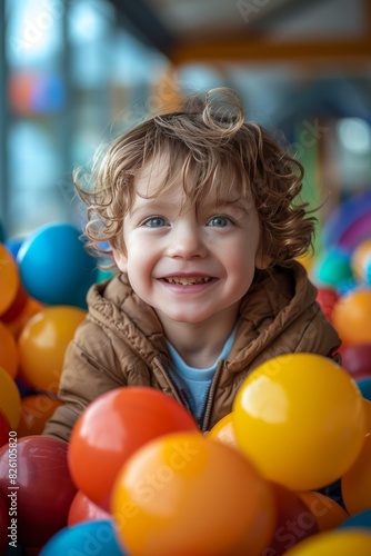 Happy little boy playing with colored balls on the playground.