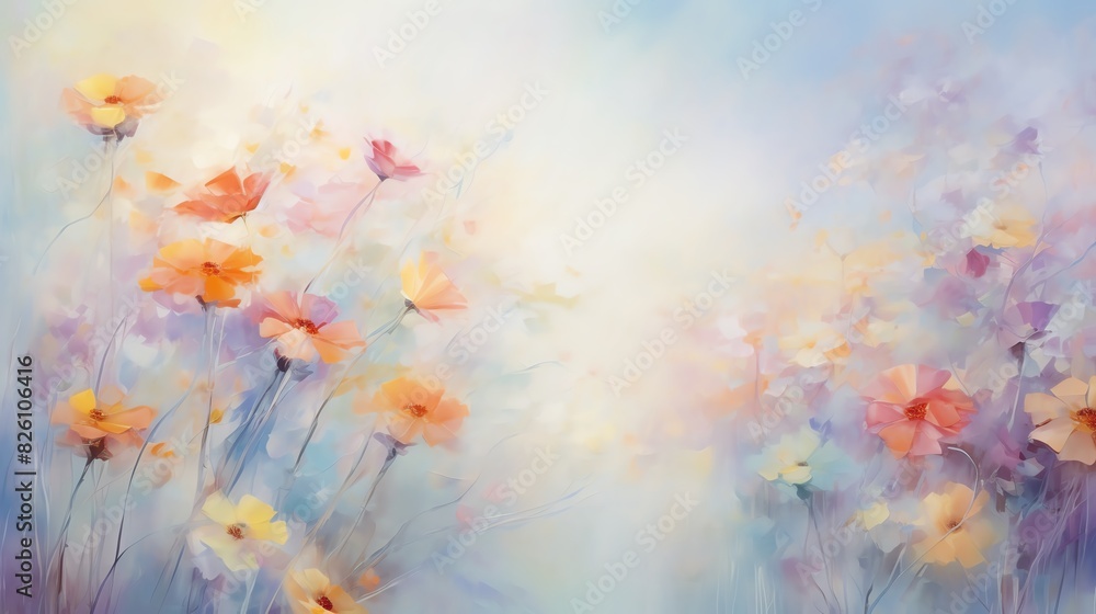 Image of a watercolor painting of a field of flowers. The flowers be in a variety of colors, and the painting should have a soft, dreamy feel.