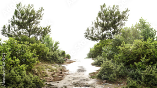 A dirt road winding through a dense forest with tall trees and thick bushes on either side