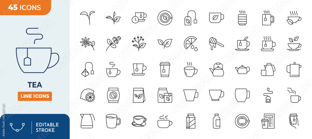 Tea Line Editable Icons set. Tea icons Pixel perfect. Editable stroke. Vector illustration Tea Line Editable Icons set. Tea icons Pixel perfect. Editable stroke. Vector illustration