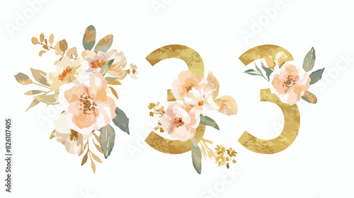 Number 3 gold color with watercolor flowers and leaf