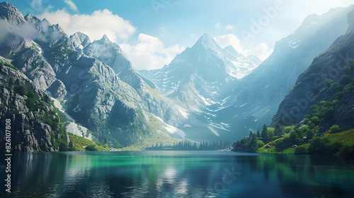 Mountain scenery with a blue lake below