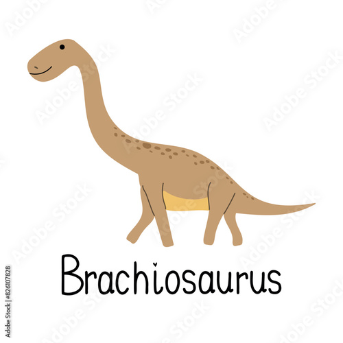  Brachiosaurus dinosaur isolated on white background. Lettering Brachiosaurus. Cartoon dino with long neck for kids t-shirt or web icon. Vector hand drawn illustration