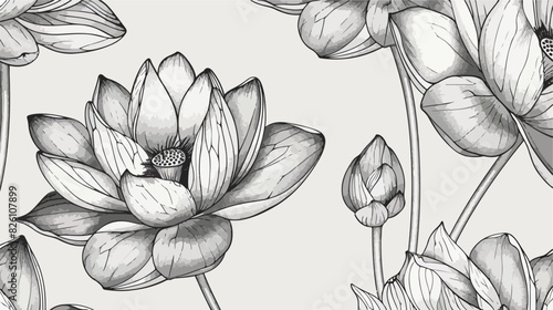 Lotus floral seamless pattern. Hand drawn monochrome