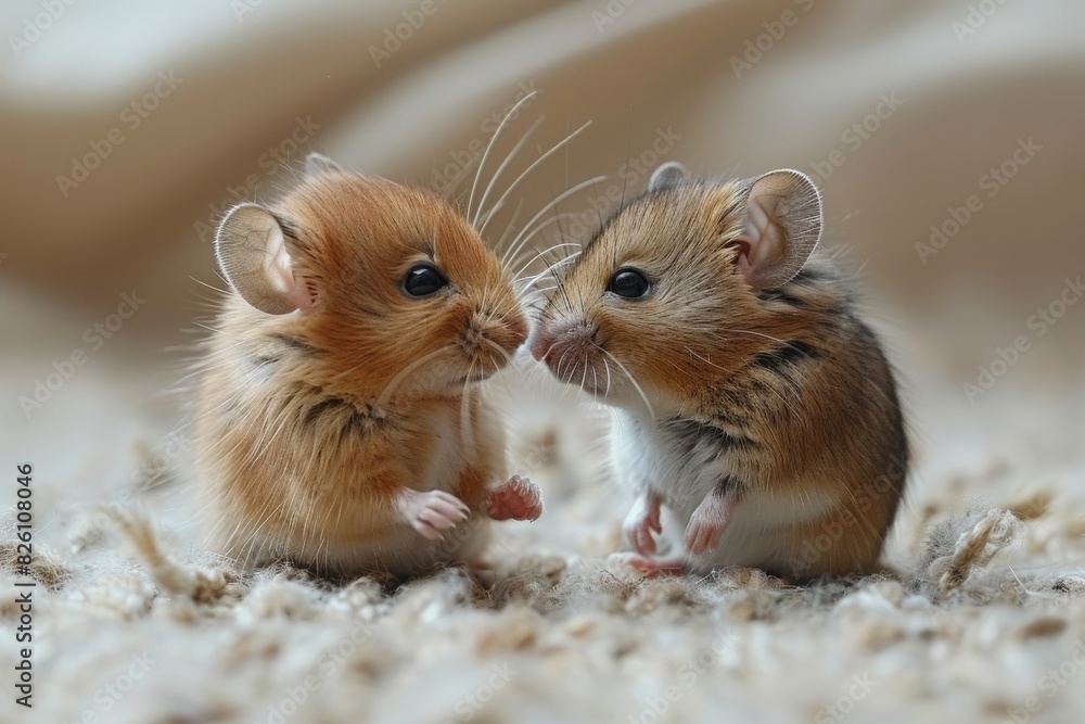Two adorable mice sharing a piece of food on a soft carpeted floor in a close bond Two adorable mice sharing a piece of food on a soft carpeted floor in a close bond