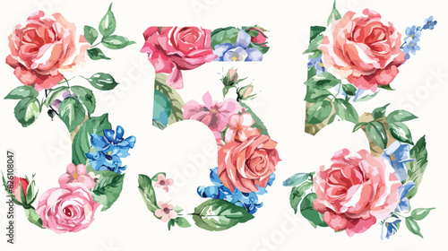 Number 5 with watercolor flowers roses hand painting © Geforce