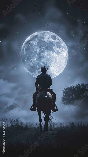 Cowboy rider riding horse towards moon alone lonesome mist photo