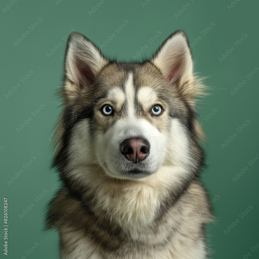 Obraz premium Alaskan Malamute dog on minimalistic colorful background with Copy Space. Perfect for banners, veterinary ads, pet food promotions, and minimalist designs.