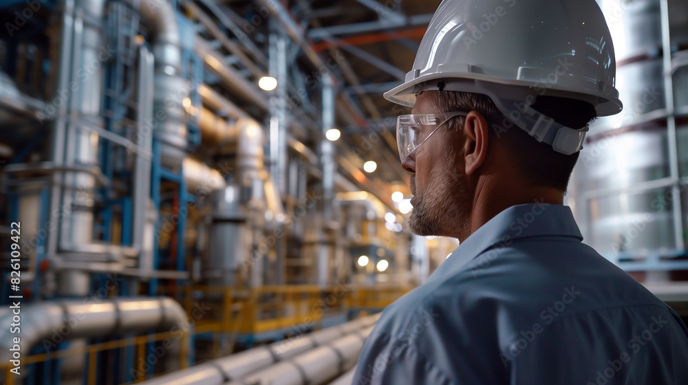 A man in a yellow helmet stands in front of a large industrial building A man in a yellow helmet stands in front of a large industrial building